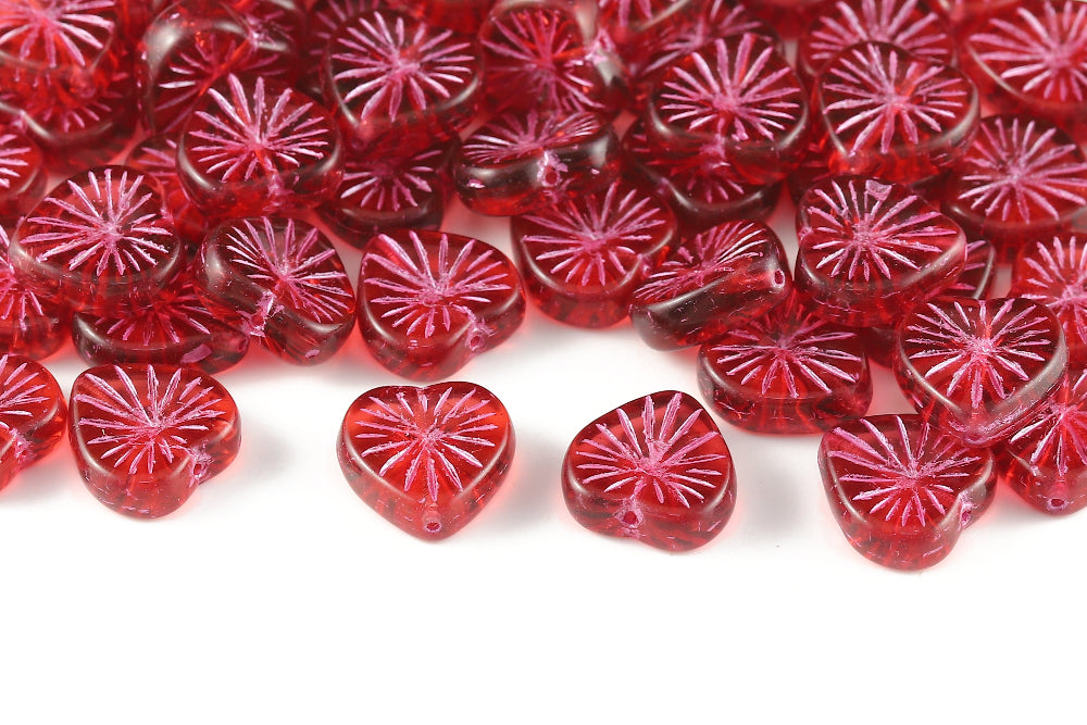 Heart 14mm Bordeaux Red With Pink 1-Hole Czech Beads