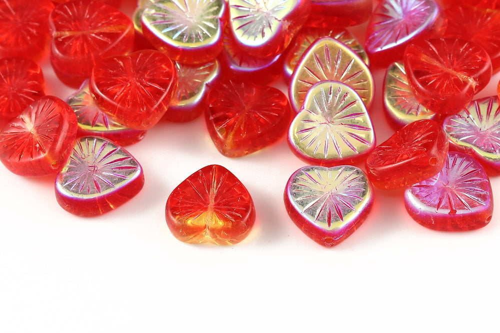 Heart 14mm Ruby Lt.Topaz Mixed AB 1-Hole Czech Beads