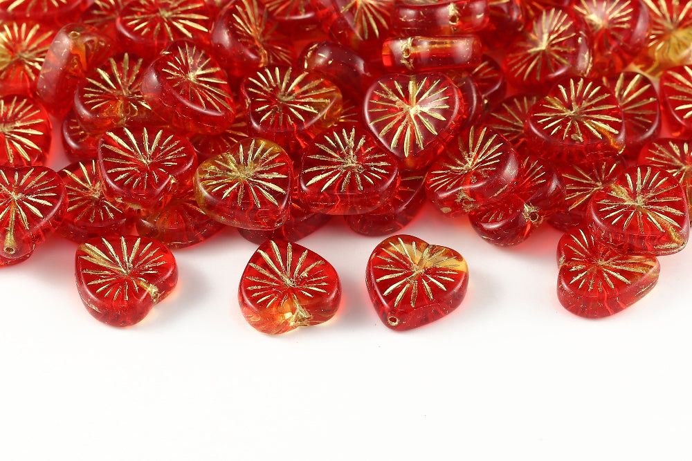 Heart 14mm Ruby Lt.Topaz Mixed With Gold 1-Hole Czech Beads
