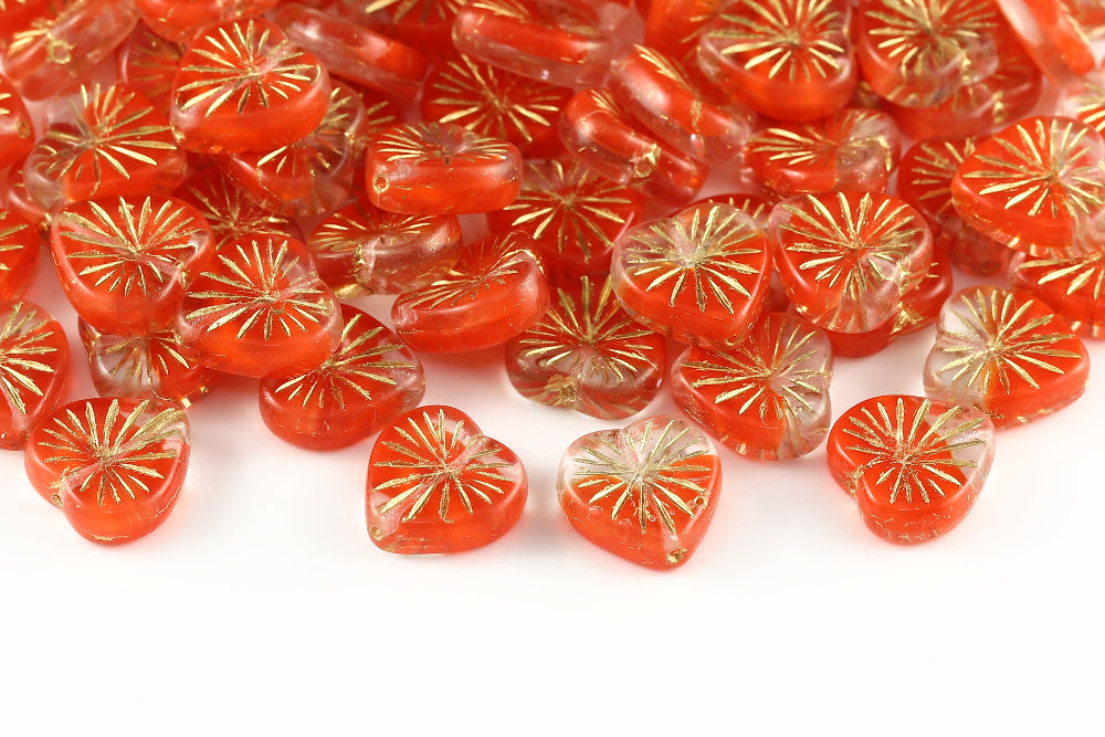 Heart 14mm Crystal Tangerine Red With Gold 1-Hole Czech Beads