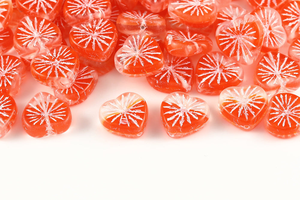 Heart 14mm Crystal Tangerine red With White 1-Hole Czech Beads