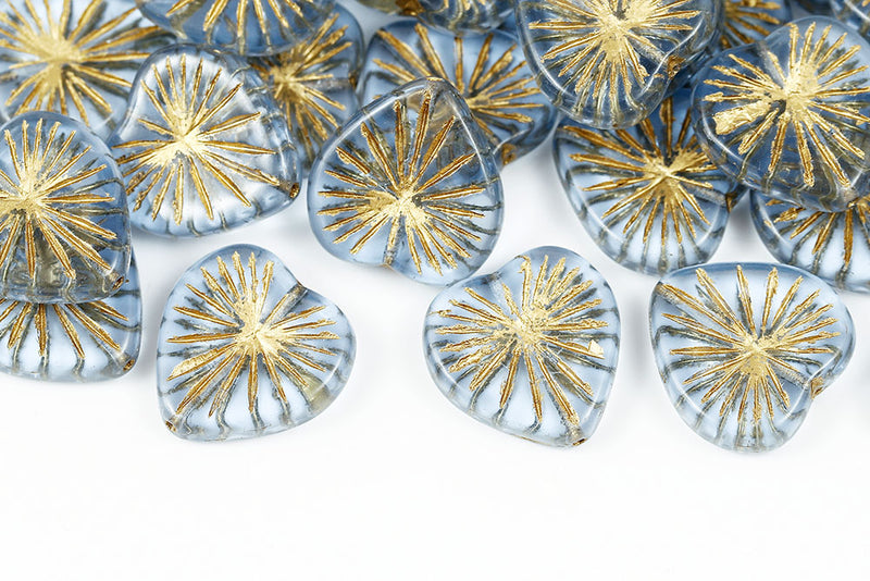 Heart 18mm Lt.Sapphire With Gold Czech Glass Beads