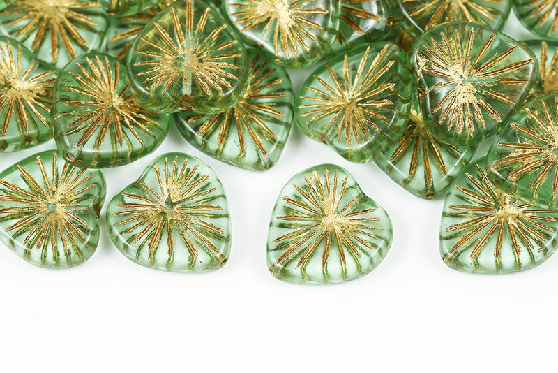 Heart 18mm Grass Green With Gold Czech Glass Beads
