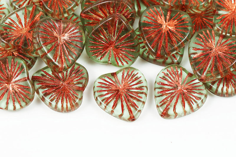 Heart 18mm Grass Green With Copper Czech Glass Beads - Galaxy beads