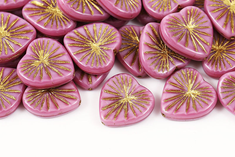 Heart 18mm Silk Pink With Gold Czech Glass Beads