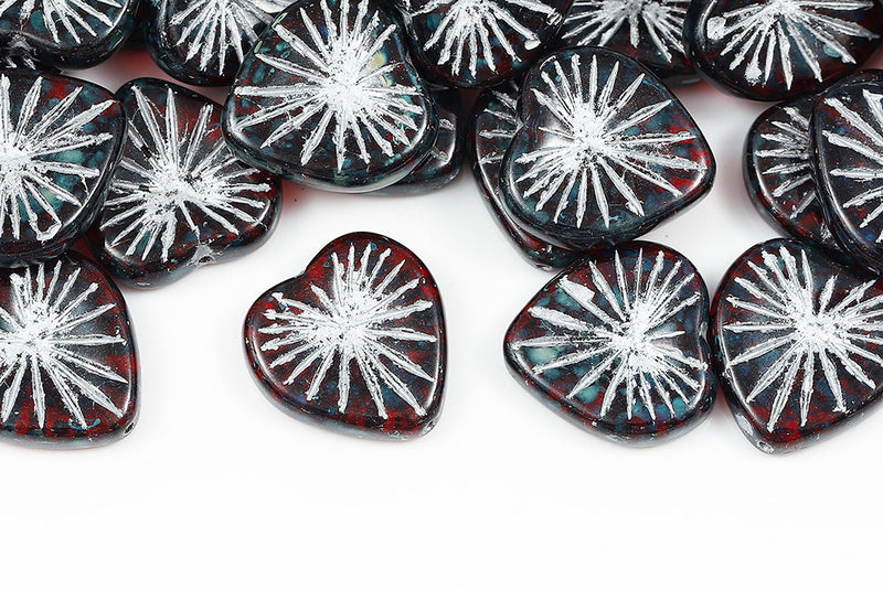 Heart 18mm Siam Travertin With Silver Czech Glass Beads