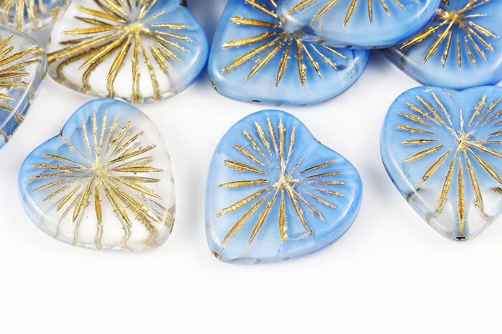 Heart 18mm Crystal Blue Mixed With Gold 1-Hole Czech Beads