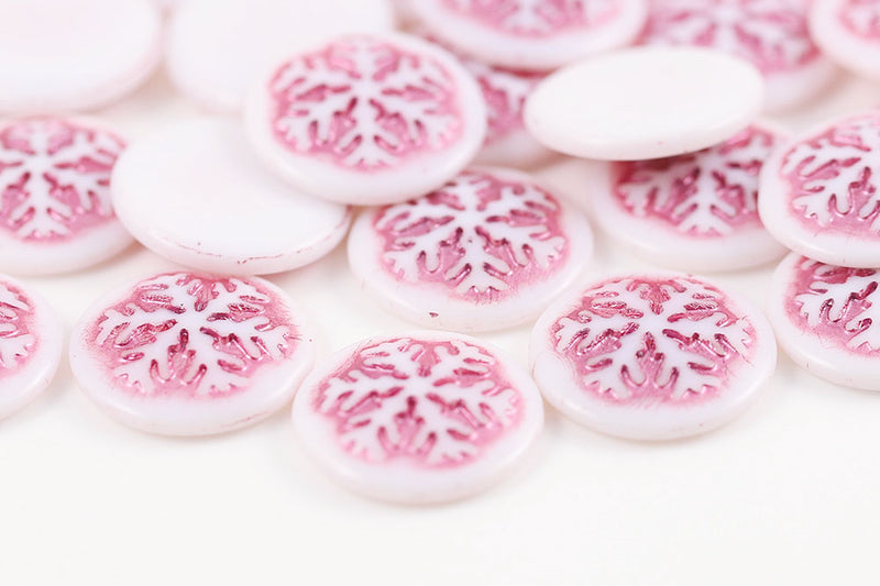 Snowflake Cabochons 21mm White With Pink Nonporous Czech Glass Beads