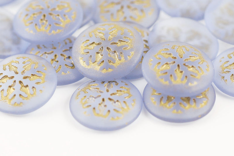 Snowflake Cabochons 21mm Lt.Sapphire With Gold Matt Nonporous Czech Glass Beads