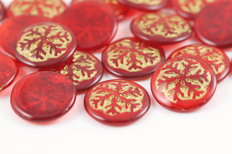 Snowflake Cabochons 21mm Siam Wiht Gold Nonporous Czech Glass Beads