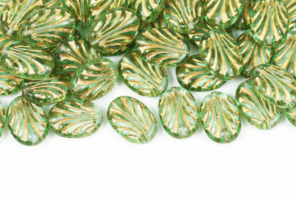 Lines Oval 17×12mm Crystal Green With Gold 1-hole Czech Beads