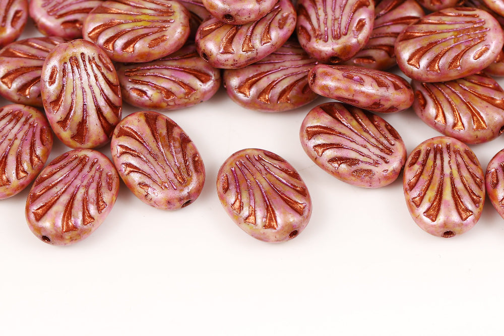 Lines Oval 17×12mm Alabaster Pink Marble With Copper 1-hole Czech Beads
