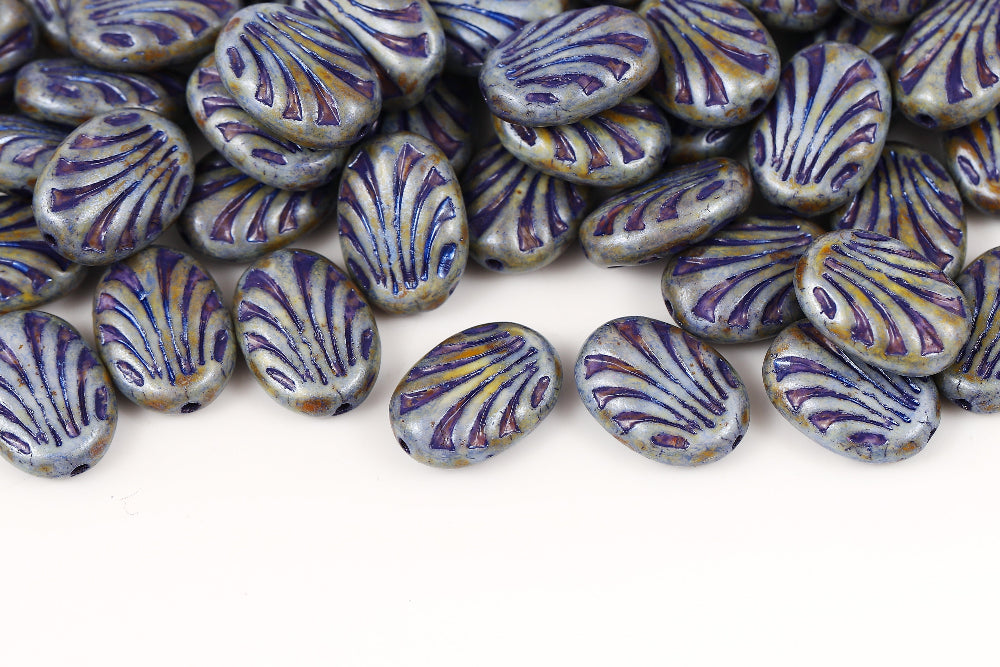 Lines Oval 17×12mm Alabaster Blue Marble With Blue 1-hole Czech Beads
