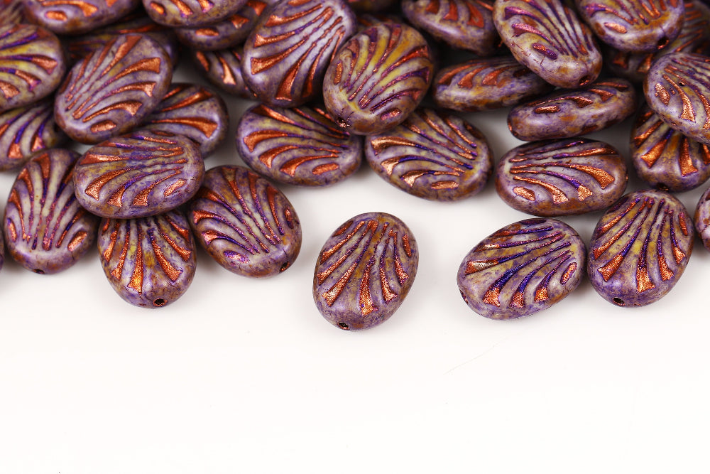 Lines Oval 17×12mm Alabaster Purple Marble With Copper 1-hole Czech Beads