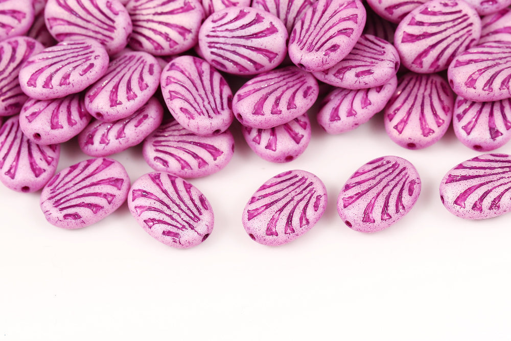 Lines Oval 17×12mm Alabaster AB Full Matt With Pink 1-hole Czech Beads