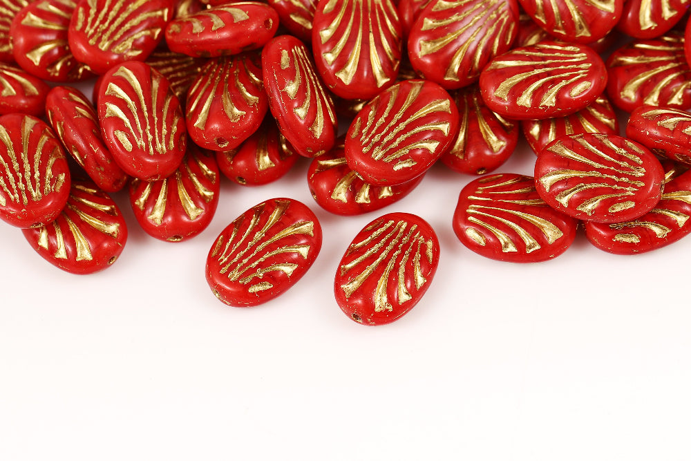 Lines Oval 17×12mm Silk Siam With Gold 1-hole Czech Beads