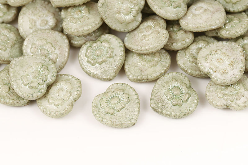 Heart With Rose 17×17mm Chalk Green Luster Czech Beads