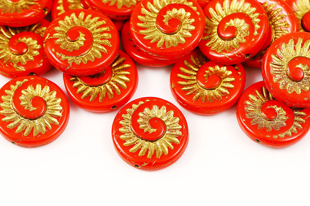 Ammonite 18mm Opaque Red With Gold 1-Hole Czech Beads