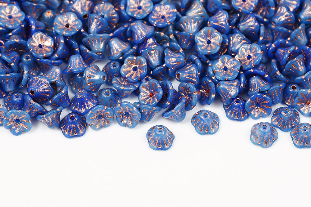 Bell Flowers 5×7mm Opal Dark Blue With Copper 1-Hole Czech Beads