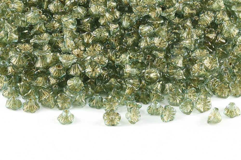 Bell Flowers 5×7mm Crystal Blue Finish With Gold 1-Hole Czech Beads