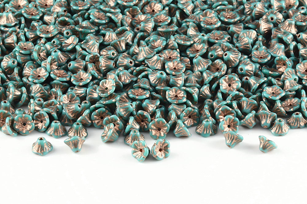 Bell Flowers 5×7mm Turquoise Green With Copper 1-Hole Czech Beads