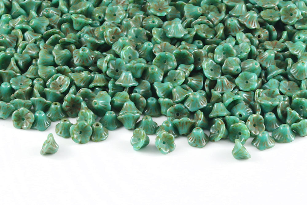 Bell Flowers 5×7mm Turquoise Green Travertin 1-Hole Czech Beads