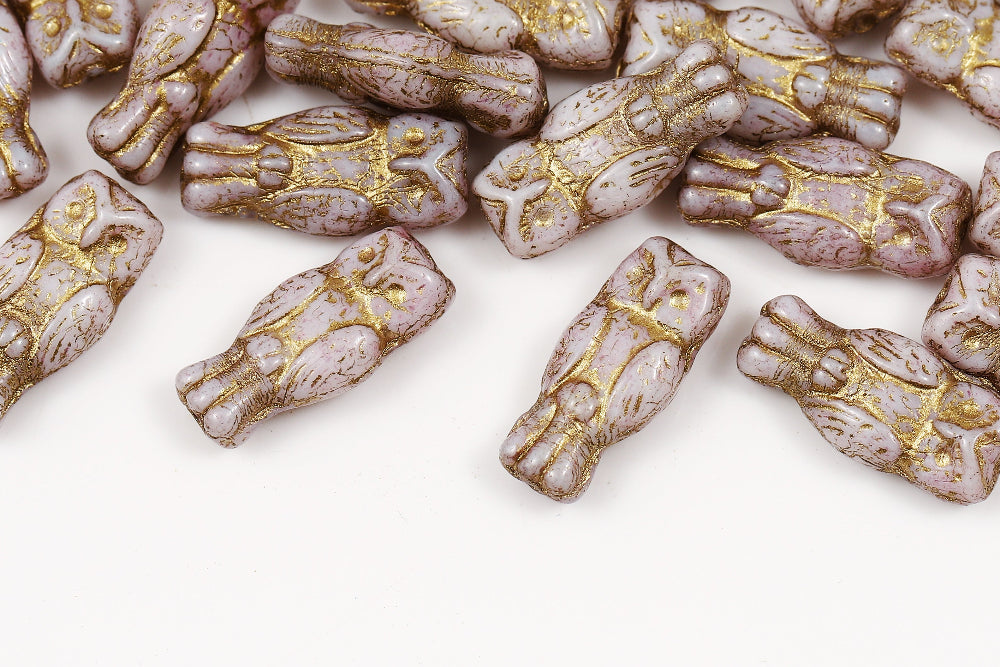 Owl 15×7mm Alabaster Lila Luster With Gold 1-Hole Czech Beads