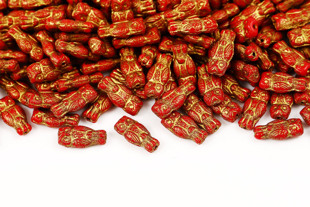 Owl 15×7mm Opaque Red With Gold 1-Hole Czech Beads