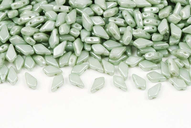 Kite 9×5mm Alabaster Light Green Luster 2-Hole Czech Beads