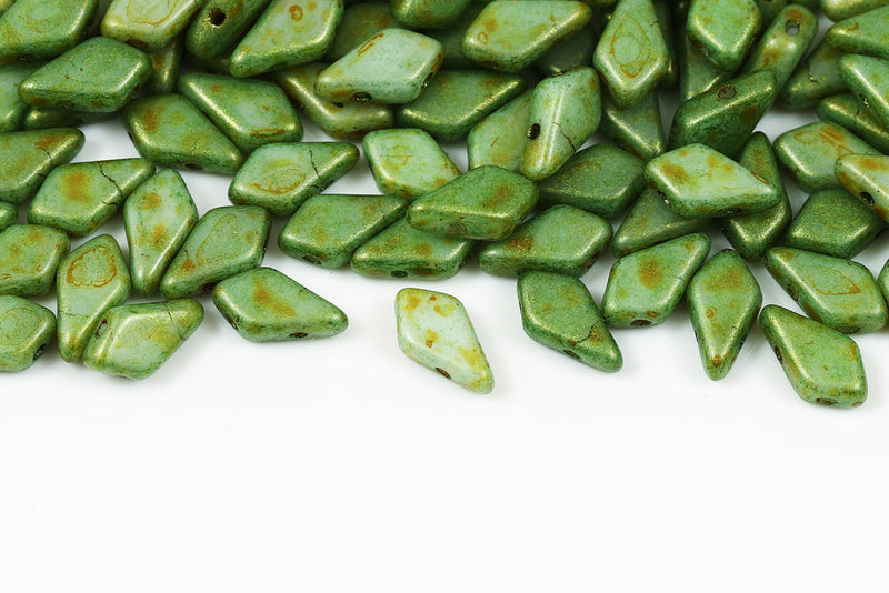 Kite 9×5mm White Coated Green Luster Spotted 2-Hole Czech Beads