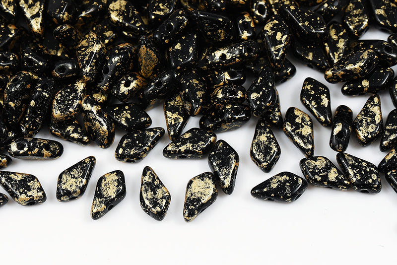 Kite 9×5mm Gold Splash Jet 2-Hole Czech Beads