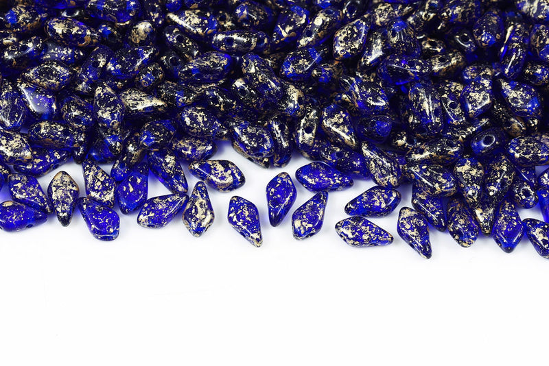 Kite 9×5mm Gold Splash Cobalt Blue 2-Hole Czech Beads