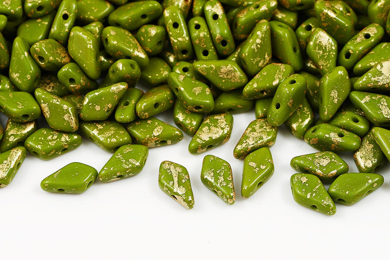 Kite 9×5mm Dark Opaque Green Gold Splash 2-Hole Czech Beads