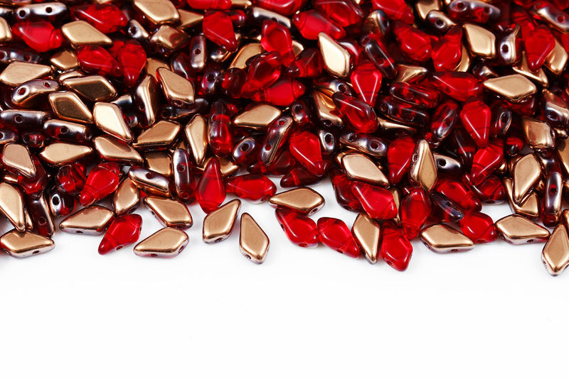 Kite 9×5mm Ruby Capri Gold 2-Hole Czech Beads