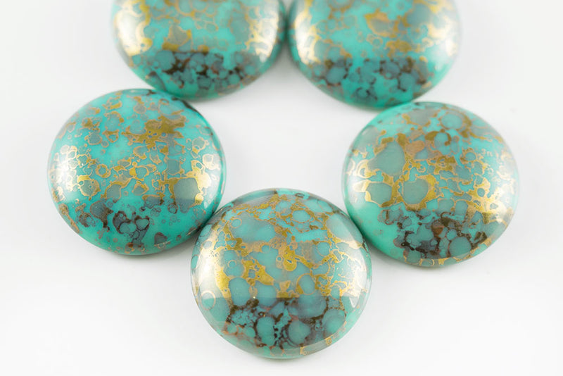 Cabochons 25mm Turquoise Green With Gold Marble Finish Nonporous Czech Beads