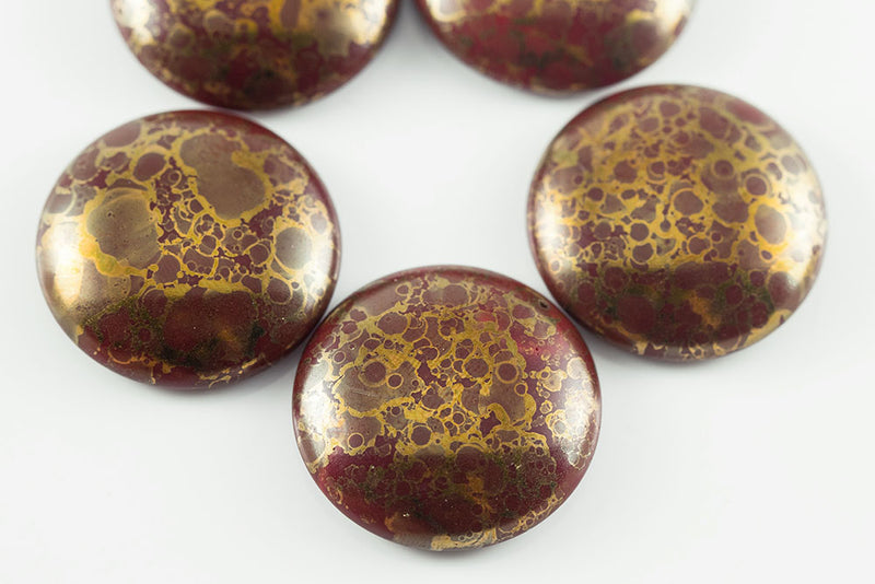Cabochons 25mm Dark Red With Gold Marble Finish Nonporous Czech Beads