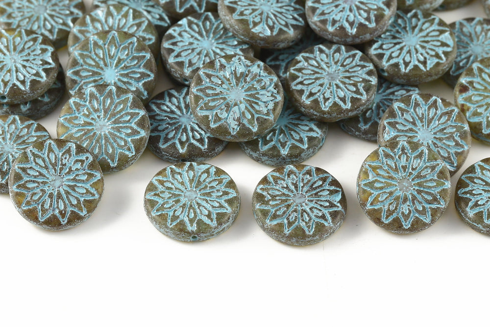 Origami Flowers 18mm Crystal Travertin With Blue Matt 1-Hole Czech Beads