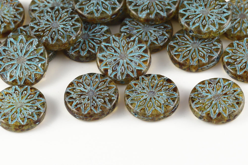 Origami Flowers 18mm Crystal Travertin With Blue 1-Hole Czech Beads