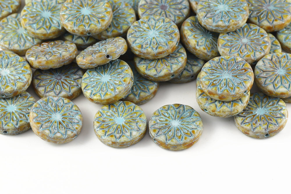 Origami Flowers 18mm Alabaster Travertin With Blue 1-Hole Czech Beads