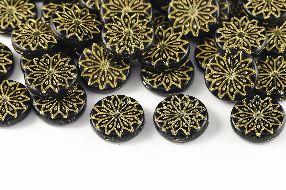 Origami Flowers 18mm Jet With Gold 1-Hole Czech Beads