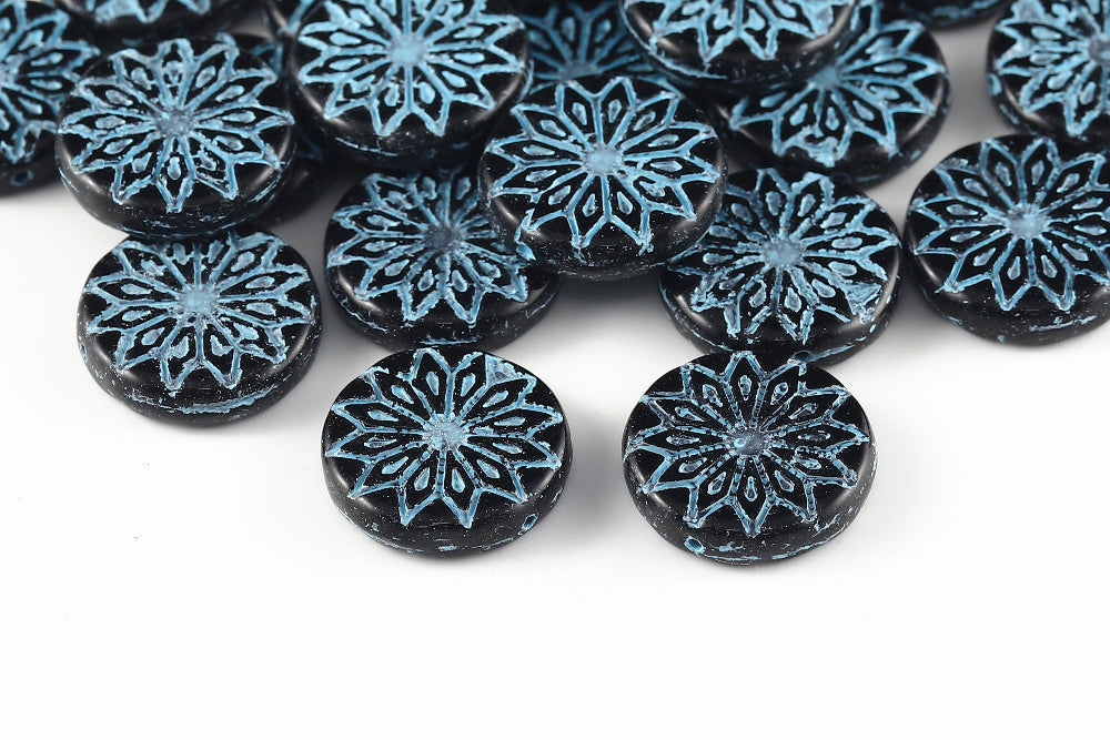 Origami Flowers 18mm Jet With Blue 1-Hole Czech Beads