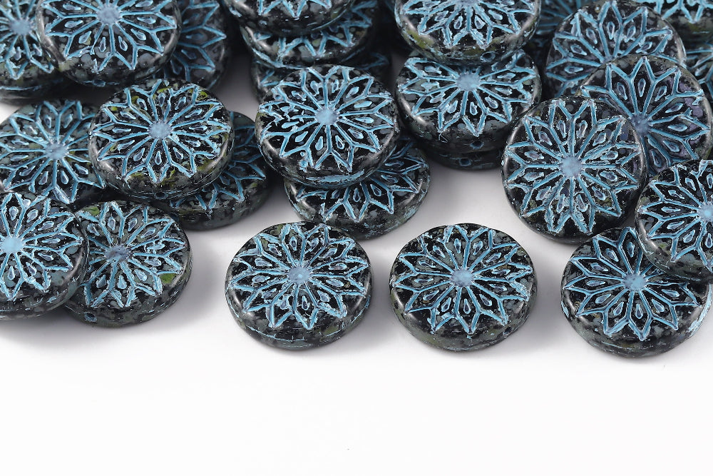 Origami Flowers 18mm Jet Travertin With Blue 1-Hole Czech Beads