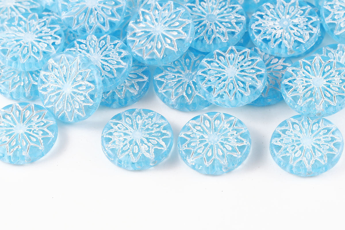 Origami Flowers 18mm Aqua With White 1-Hole Czech Beads