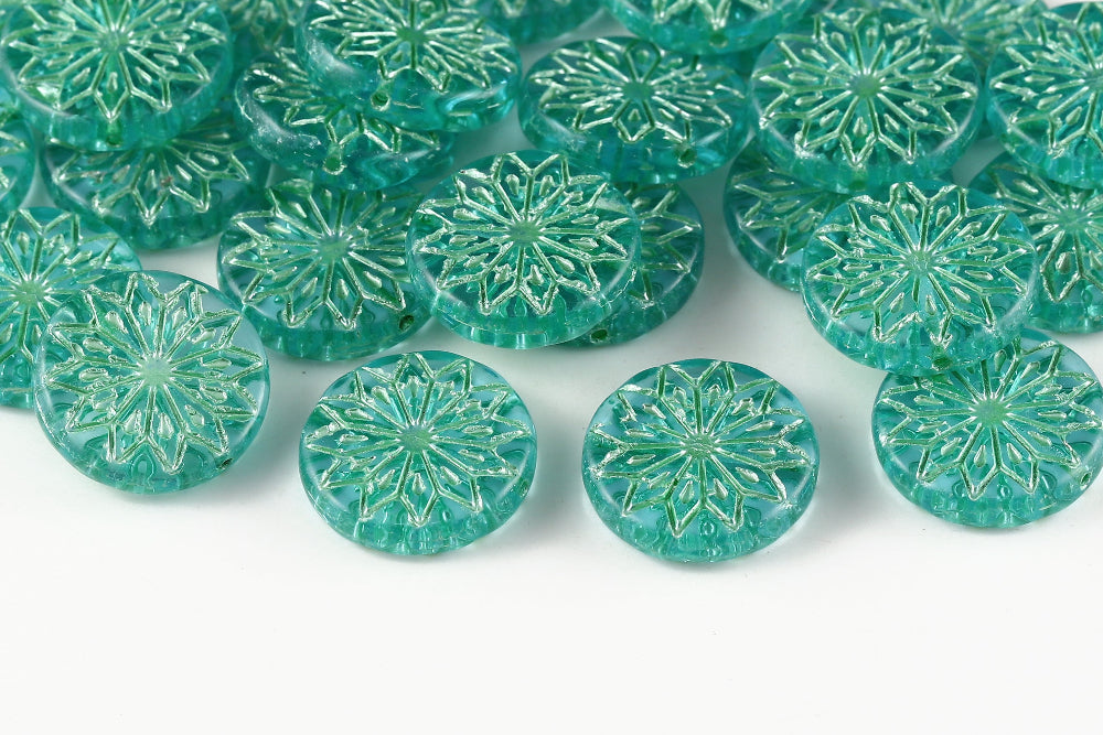 Origami Flowers 18mm Lt.Aquamarine With Metallic Green 1-Hole Czech Beads