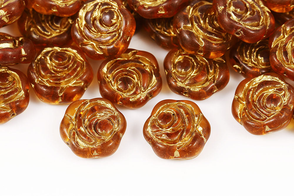 Rose 18mm Topaz With Gold 1-Hole Czech Beads