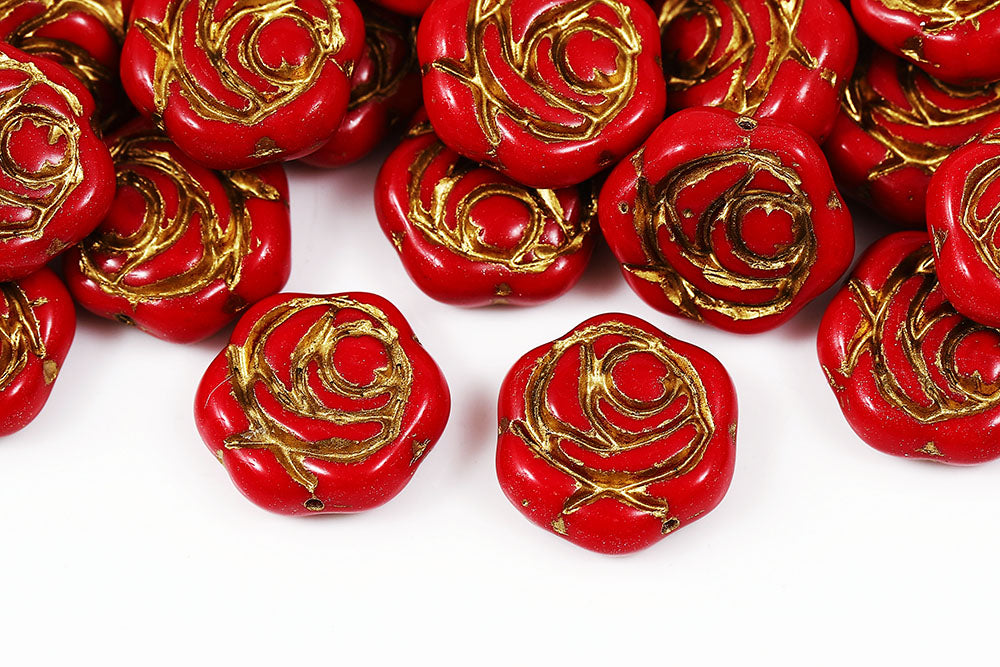 Rose 18mm Dark Red With Gold 1-Hole Czech Beads