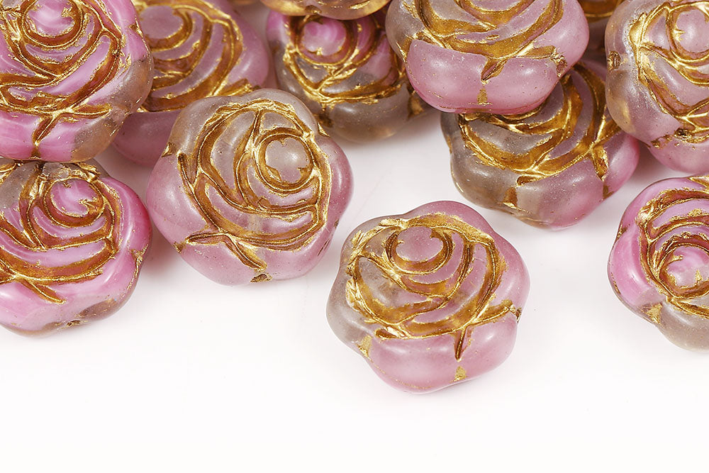 Rose 18mm Crystal Pink Mixed With Gold 1-Hole Czech Beads