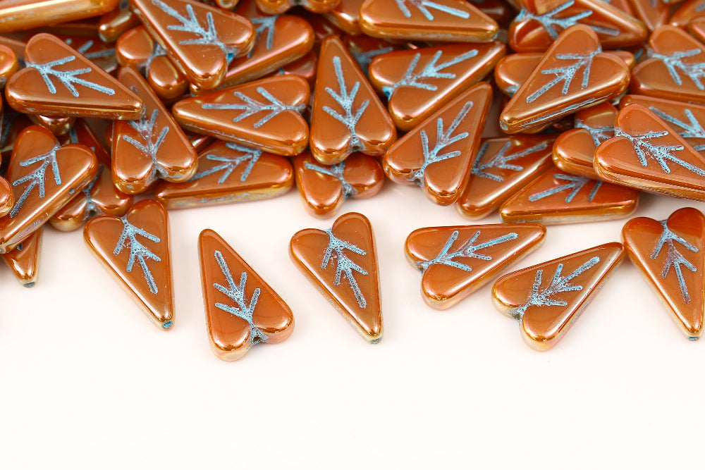 Heart Leaf 16×11mm Alabaster Apricot Full With Blue 1-Hole Czech Beads