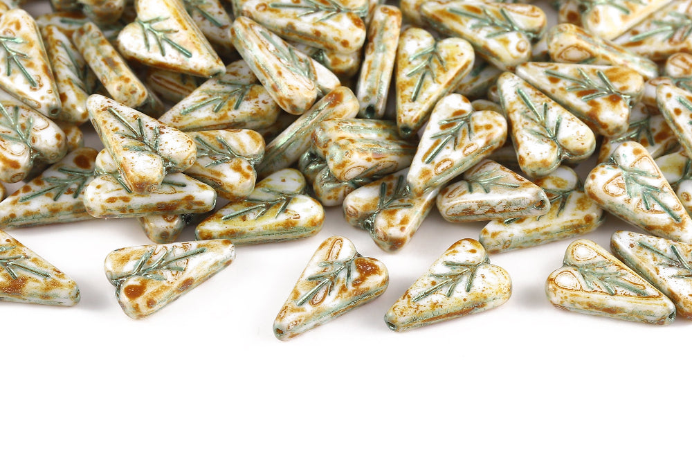 Heart Leaf 16×11mm Alabaster Travertin With Green 1-Hole Czech Beads