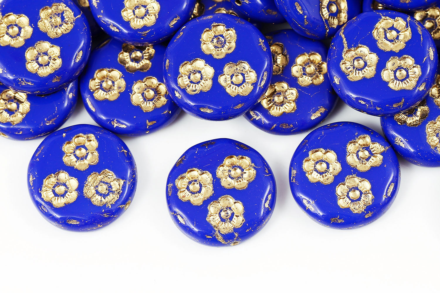 3 Flower Coins 21mm Opaque Blue With Gold 1-hole Czech Beads